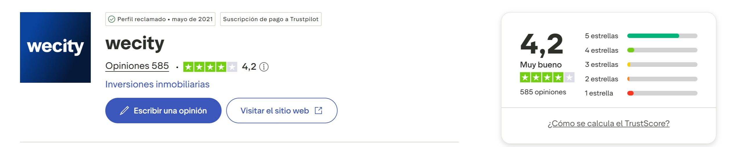 Notas de Wecity en Trustpilot