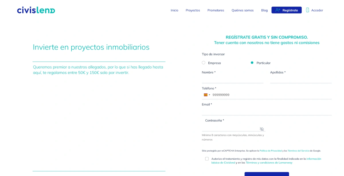 Landing del plan amigo de Civislend con el mensaje de hasta 150€ y la inversión mínima desde 250€
