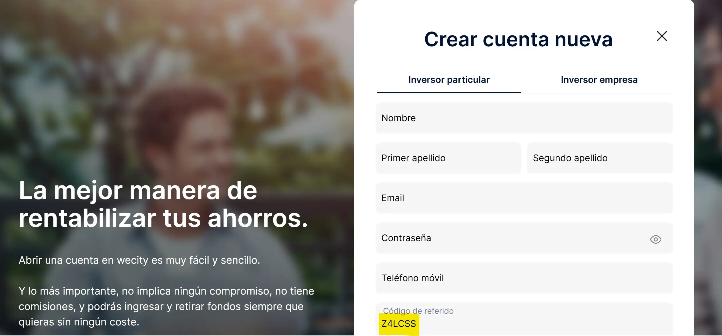 Panel de registro Wecity