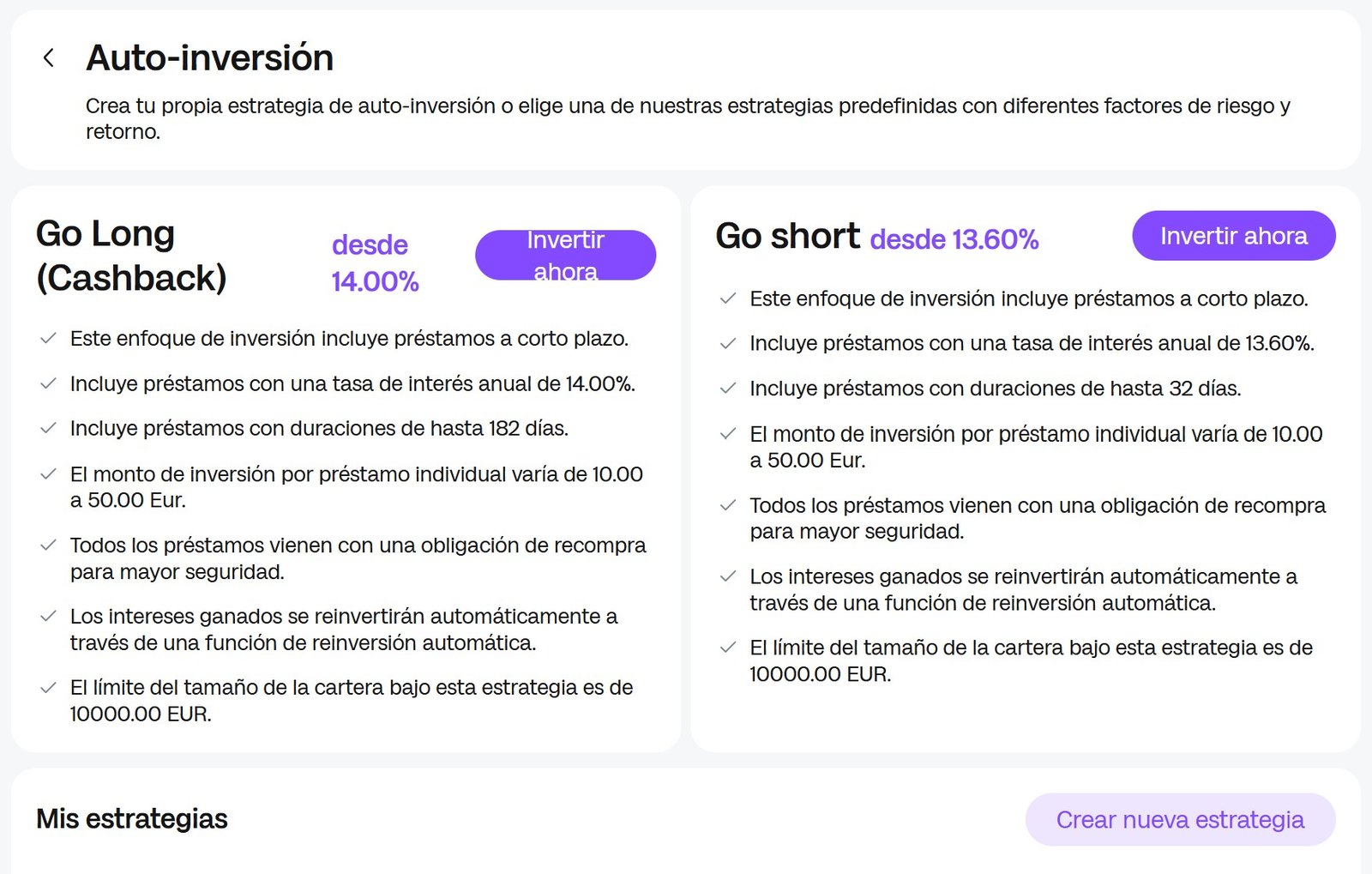 Opciones de auto-invest Loanch
